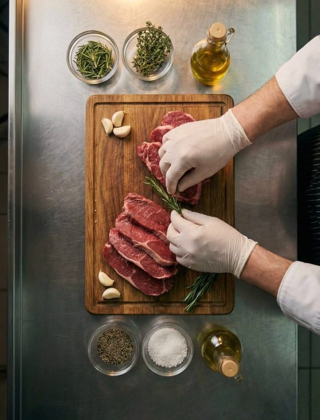 Viande crue, herbes